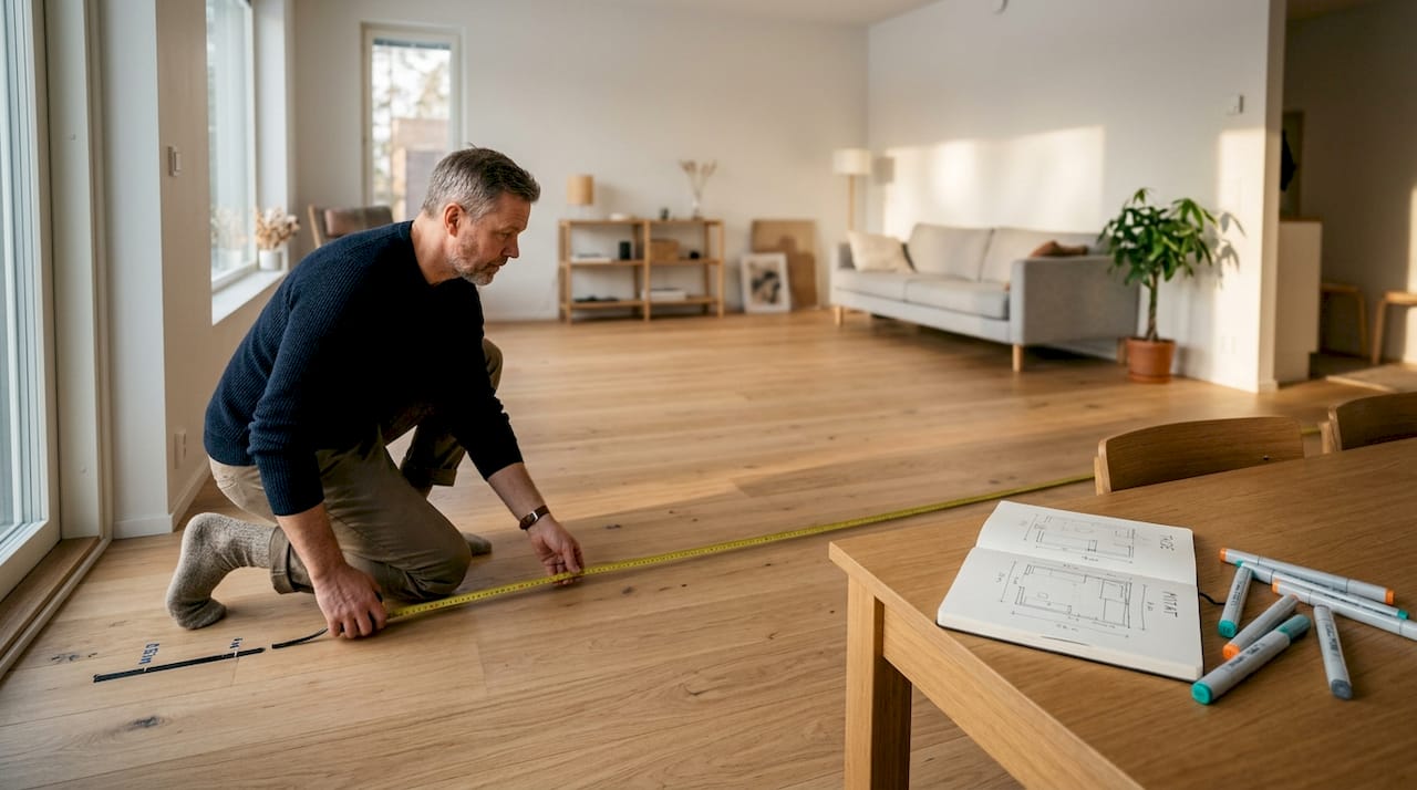 Mies mittailee huoneen lattiaa suunnitellessaan taideinstallaation sijoittelua.