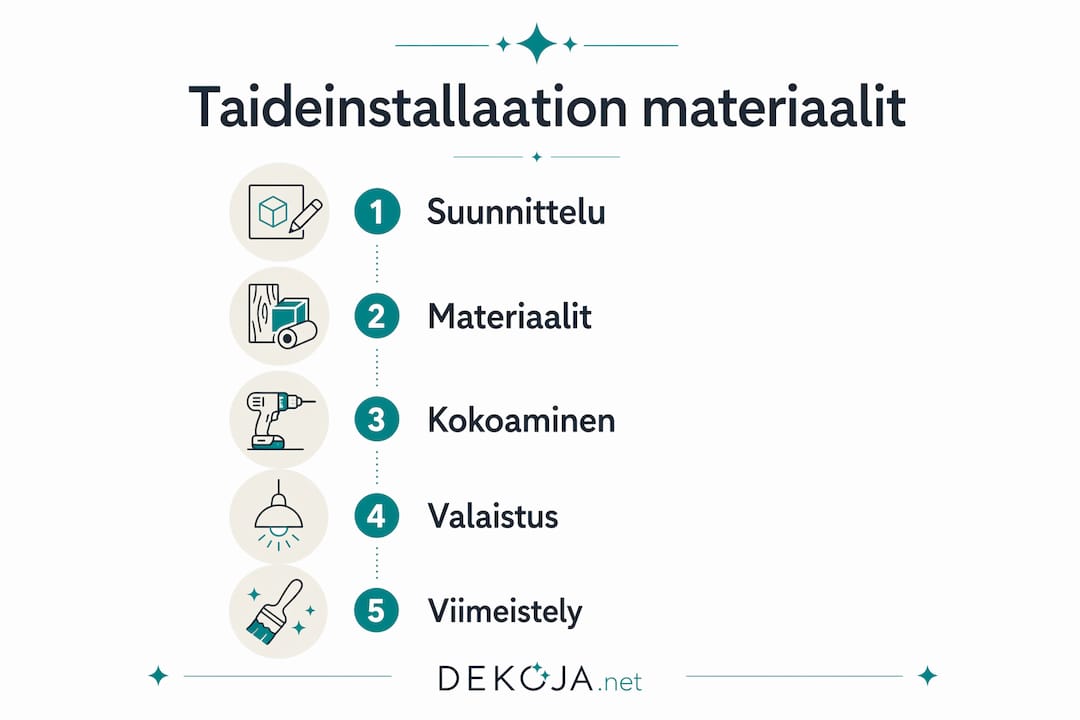 Infografiikka: taideinstallaation materiaalit ja toteutuksen eri vaiheet yhdellä silmäyksellä