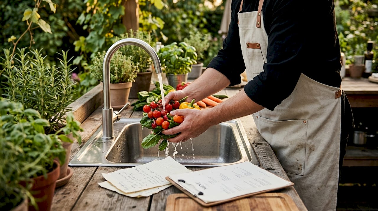 Chef rinsing fresh vegetables at a stainless steel sink.
