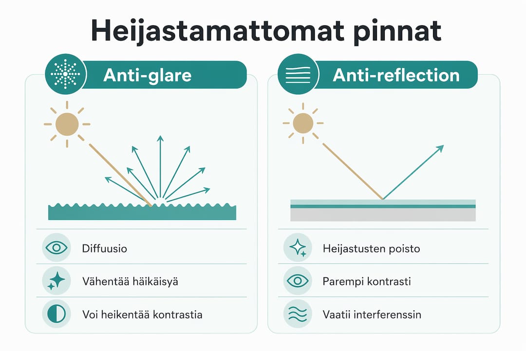 Tässä infografiikassa käydään läpi anti-glare- ja anti-reflection-pinnoitteiden erot ja ominaisuudet.
