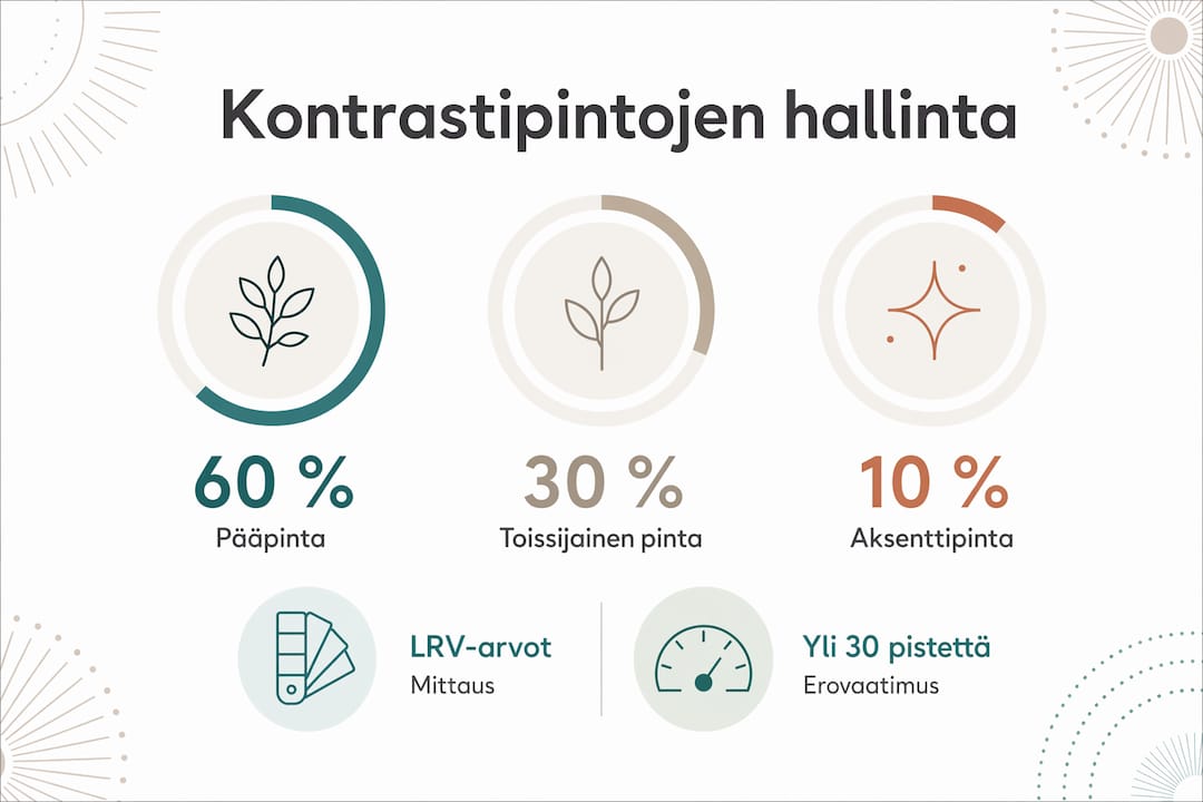 Havainnollistava kuva, joka esittelee pintojen kontrastin hallintaan liittyvät käytännön ohjeet.