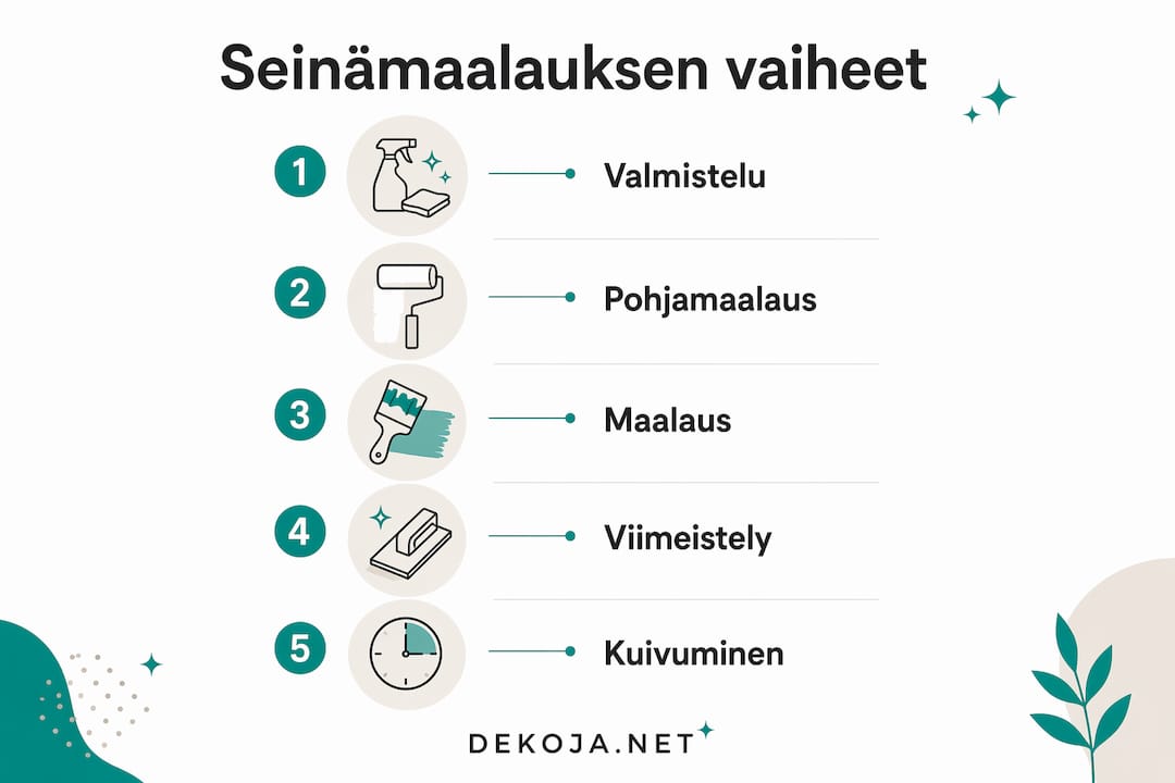 Havainnollinen kuva, jossa käydään läpi seinän maalaamisen vaiheet vaihe vaiheelta