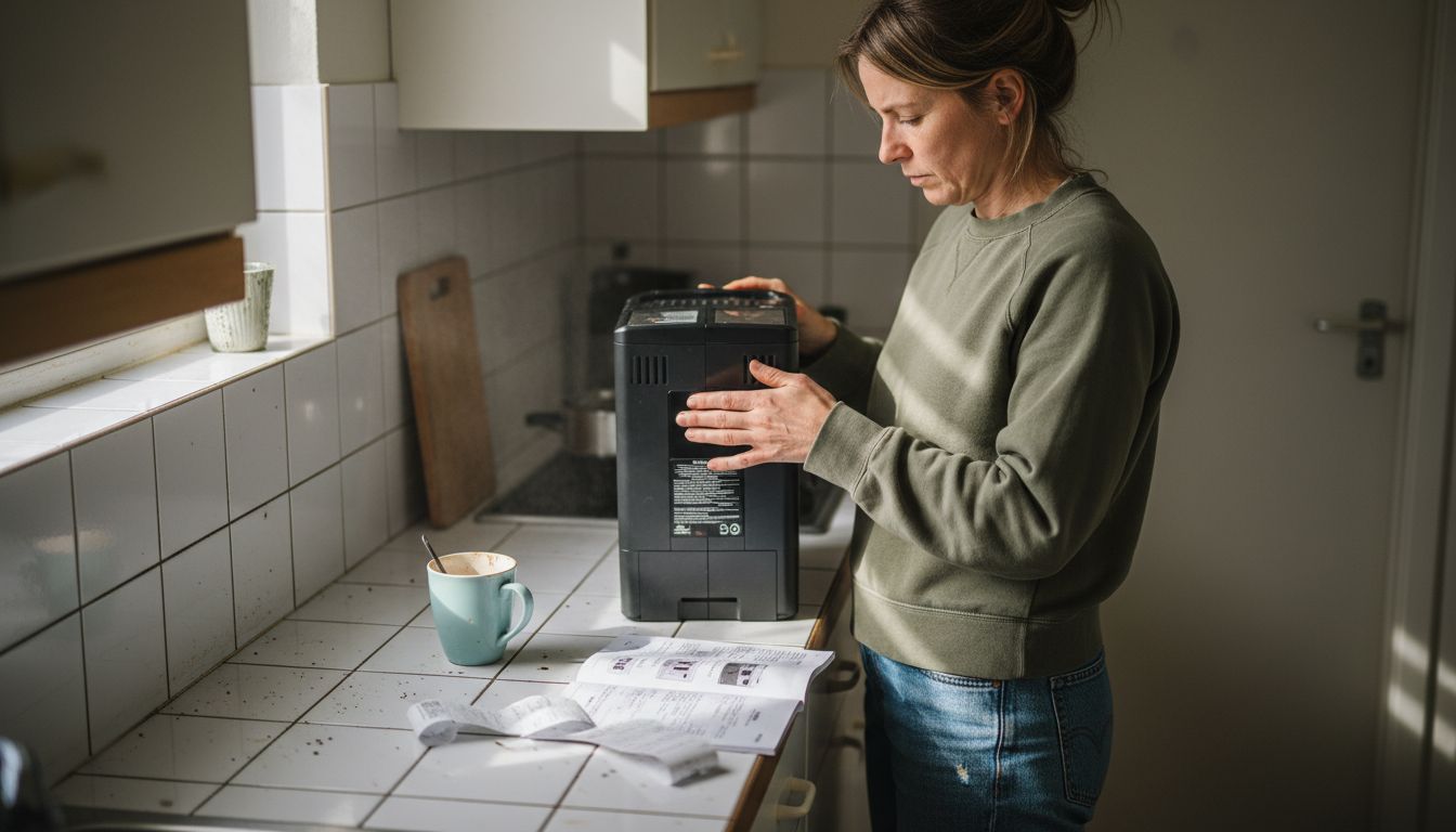 Woman checking coffee machine model and label