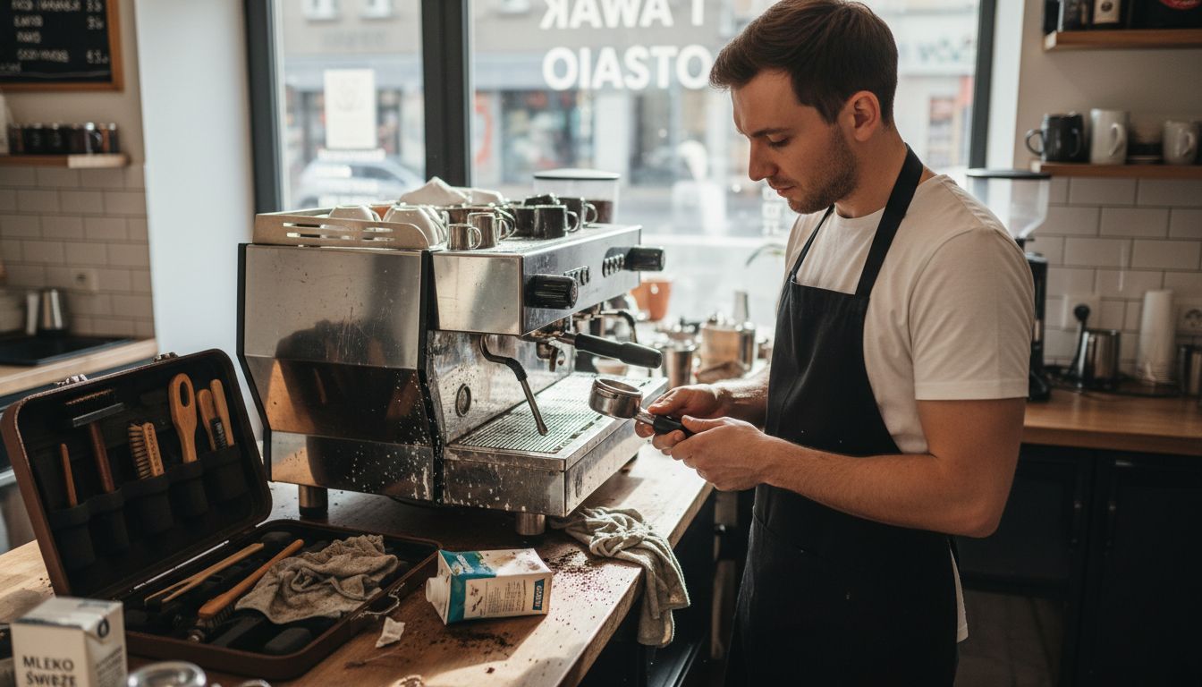 Barista sprawdza pozostałości w ekspresie do kawy, upewniając się, że urządzenie jest odpowiednio czyste i gotowe do kolejnego parzenia.