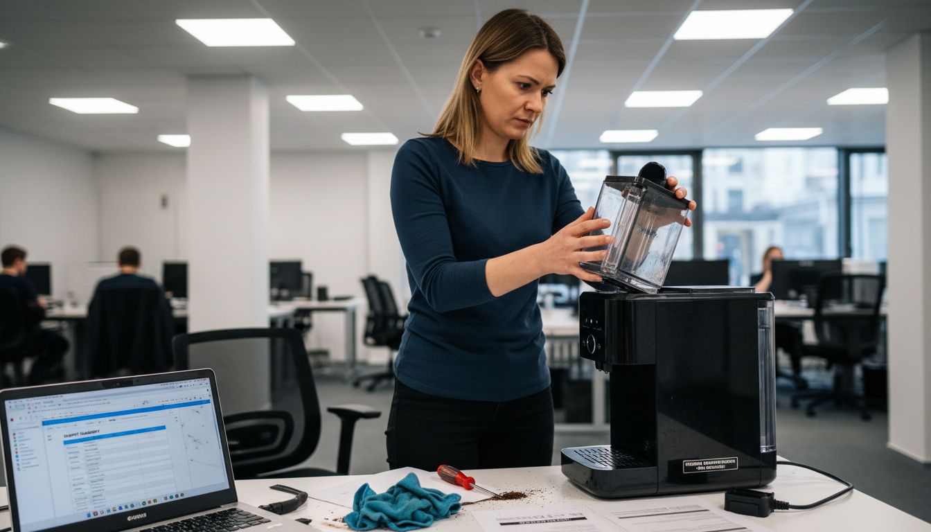 Kobieta sprawdza działanie ekspresu do kawy, wykonując jego diagnostykę.