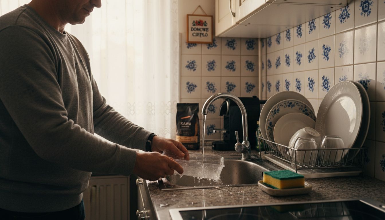 Mężczyzna myje tackę ociekową ekspresu do kawy.