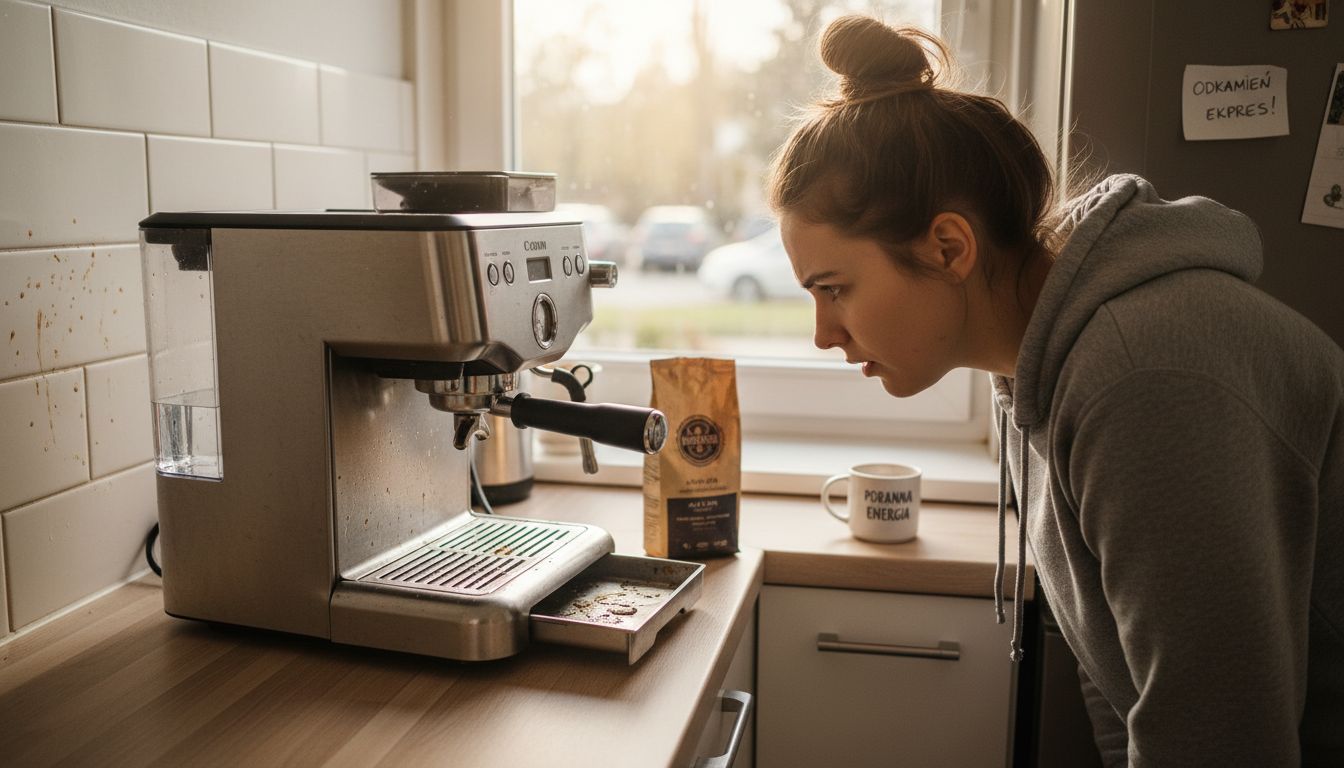 Biały osad z kamienia w tackce ociekowej ekspresu do kawy