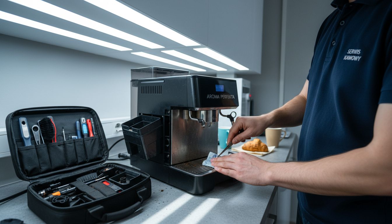 Serwisant przeprowadza czyszczenie ekspresu do kawy w biurze.