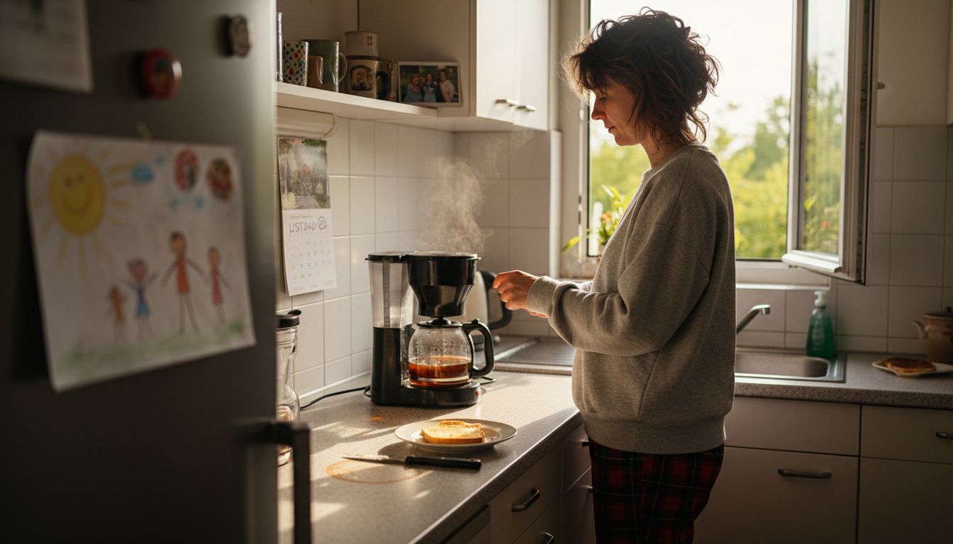 Kobieta czeka na kawę w swojej domowej kuchni.