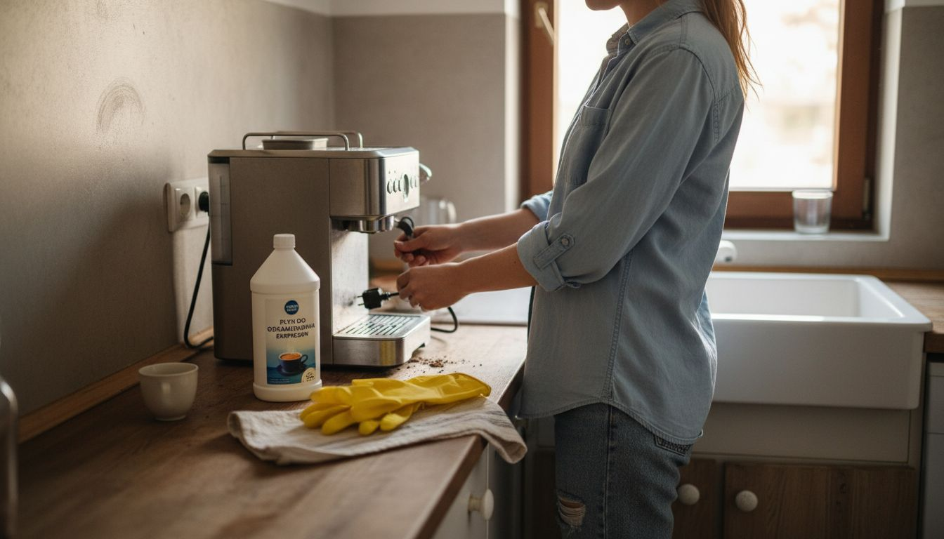 Kobieta przygotowuje ekspres do kawy do odkamieniania
