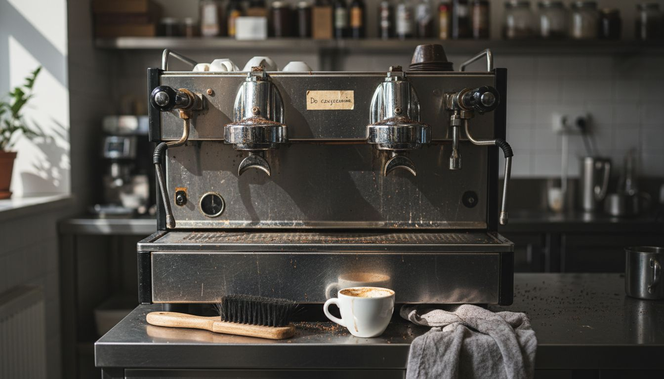 Zbliżenie na wnętrze ekspresu do kawy pokryte osadem i zabrudzeniami