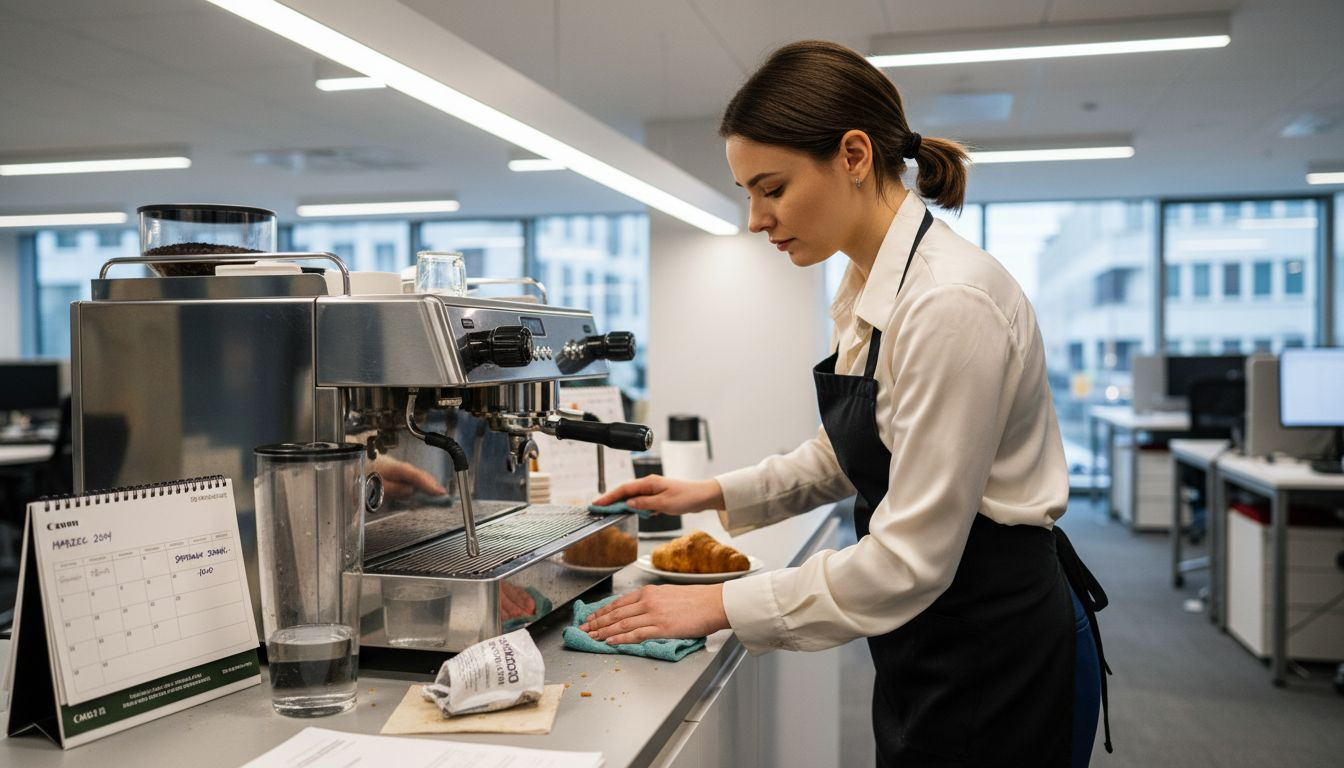 Pracownik czyści tackę ociekową ekspresu do kawy w biurze.