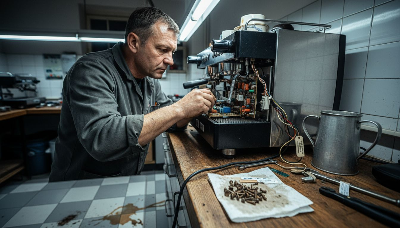 Serwisant przeprowadza przegląd ekspresu do kawy w biurze.
