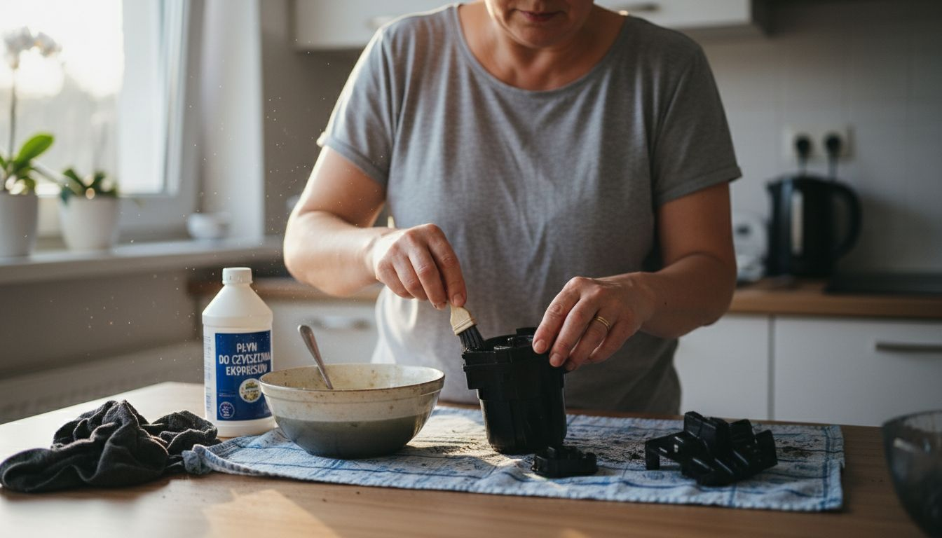 Kobieta czyści elementy zaparzacza ekspresu Jura