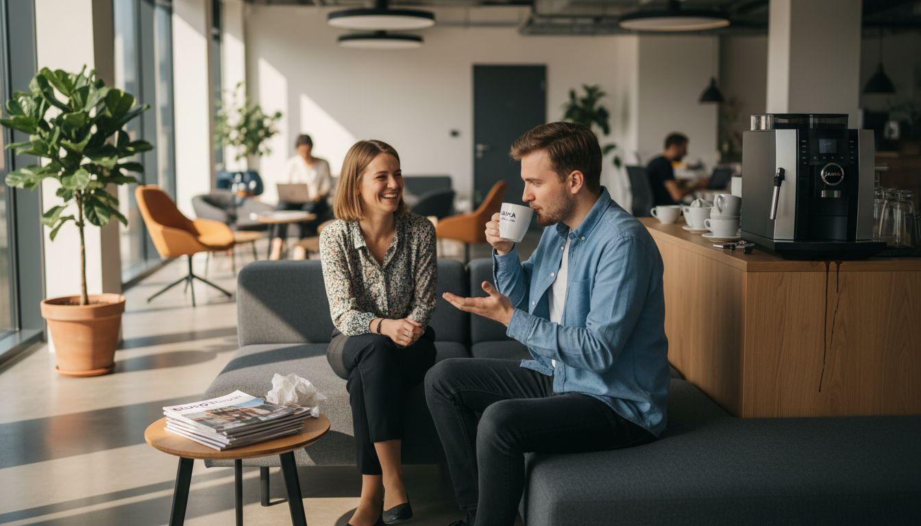 Pracownicy biurowi rozmawiają ze sobą przy ekspresie do kawy Jura.
