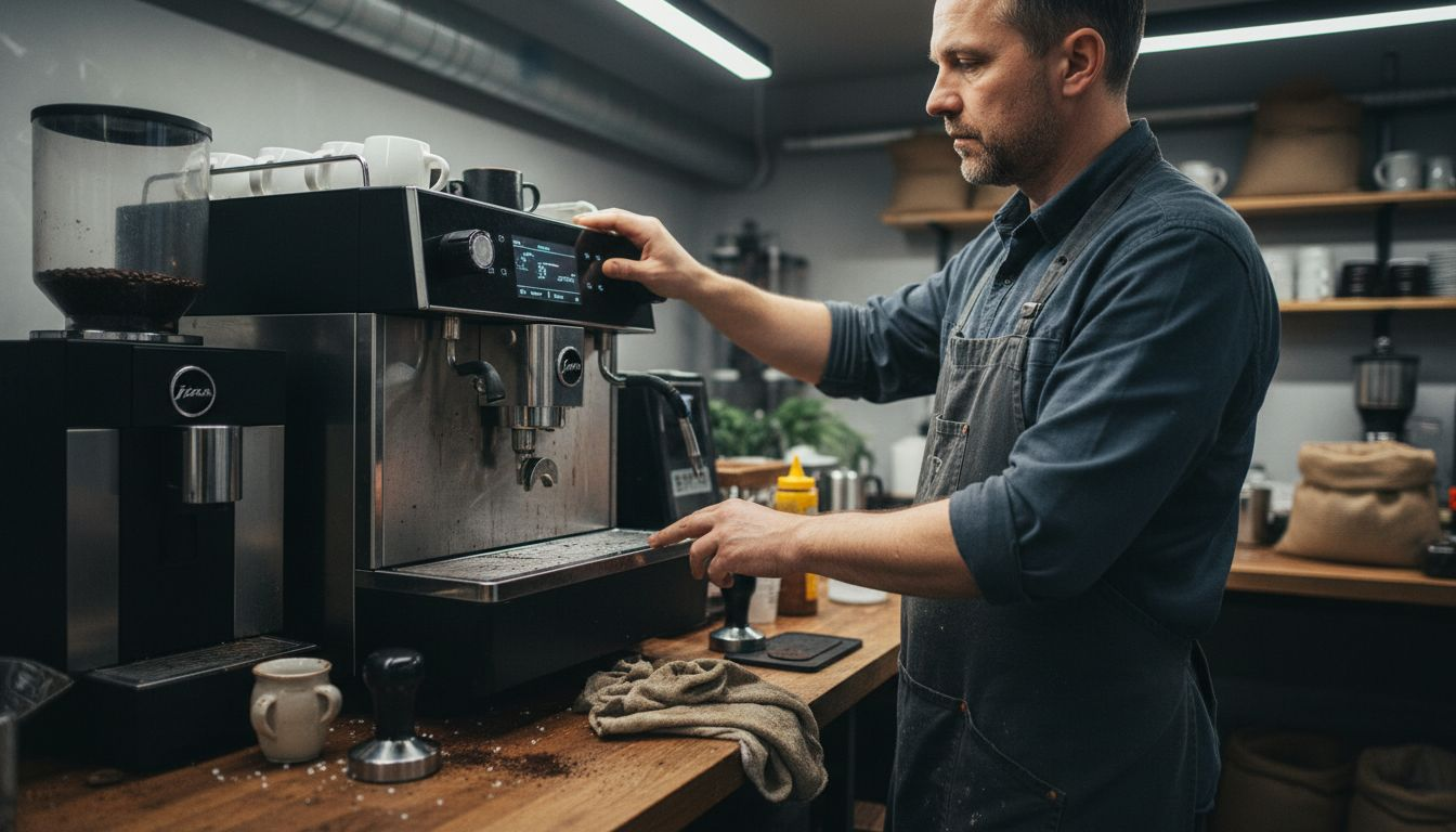 Barista ustawia parametry ekspresu Jura, żeby kawa była idealna.