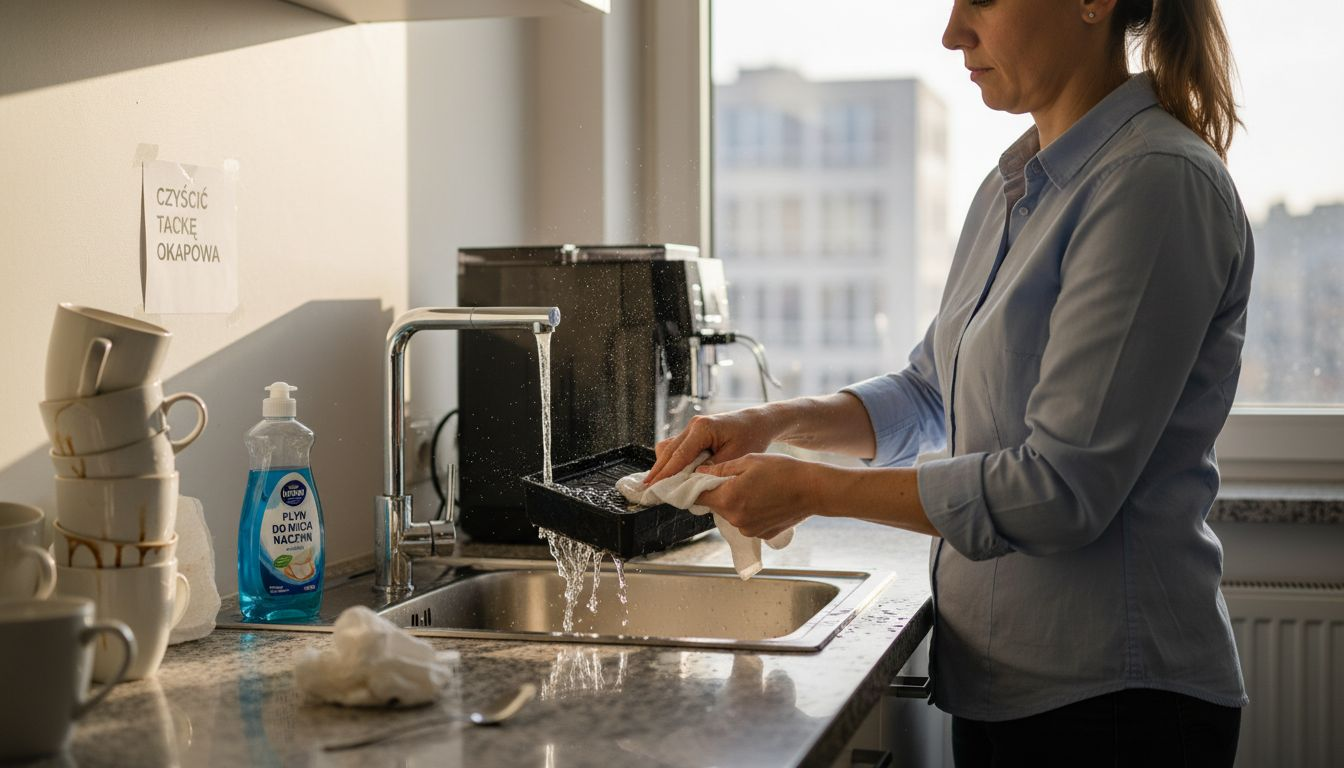 Pracownik czyści tackę ociekową ekspresu Jura w biurze.