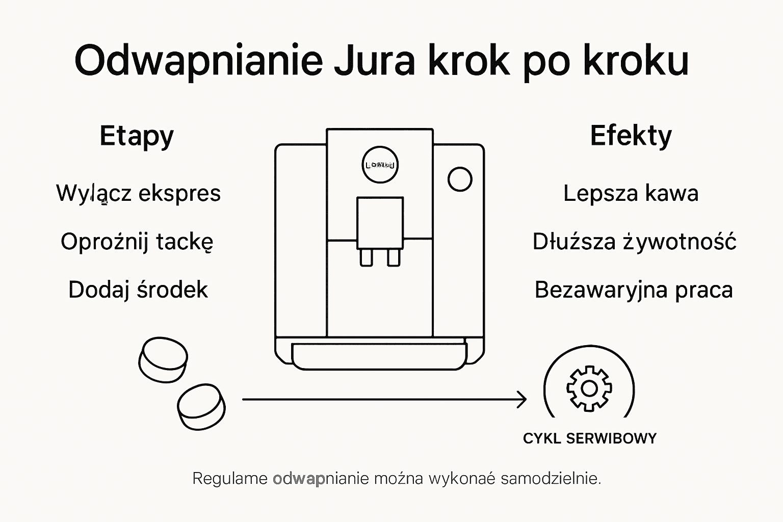 Grafika przedstawiająca krok po kroku, jak prawidłowo odkamienić ekspres Jura