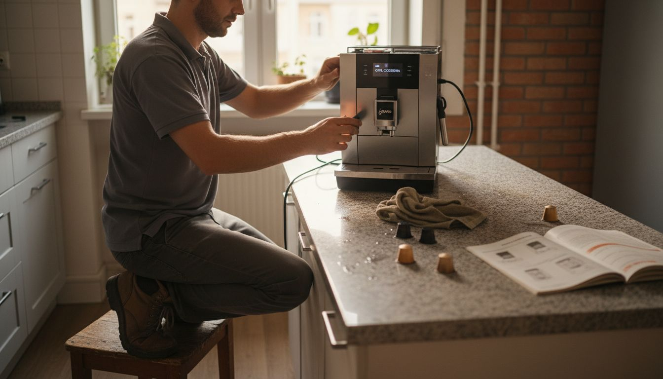 Serwisant przeprowadza konserwację ekspresu do kawy Jura w domu klienta.