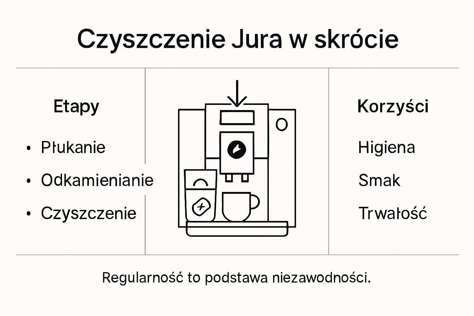 Infografika przedstawiająca etapy czyszczenia ekspresu Jura oraz związane z tym korzyści