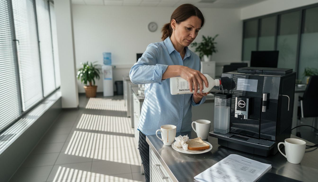 Pracownik zajmuje się konserwacją ekspresu do kawy Jura