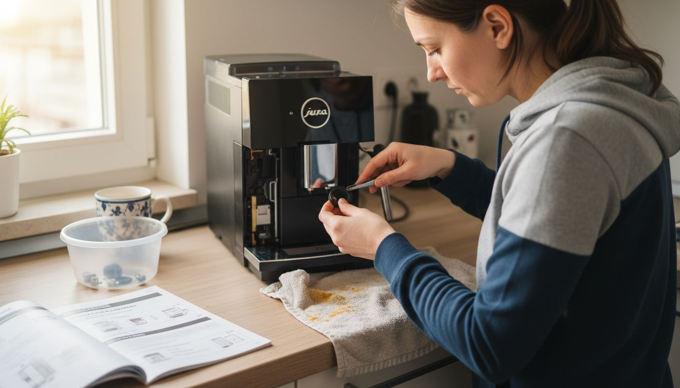 Pani samodzielnie wymieniająca uszczelkę w ekspresie do kawy marki Jura.