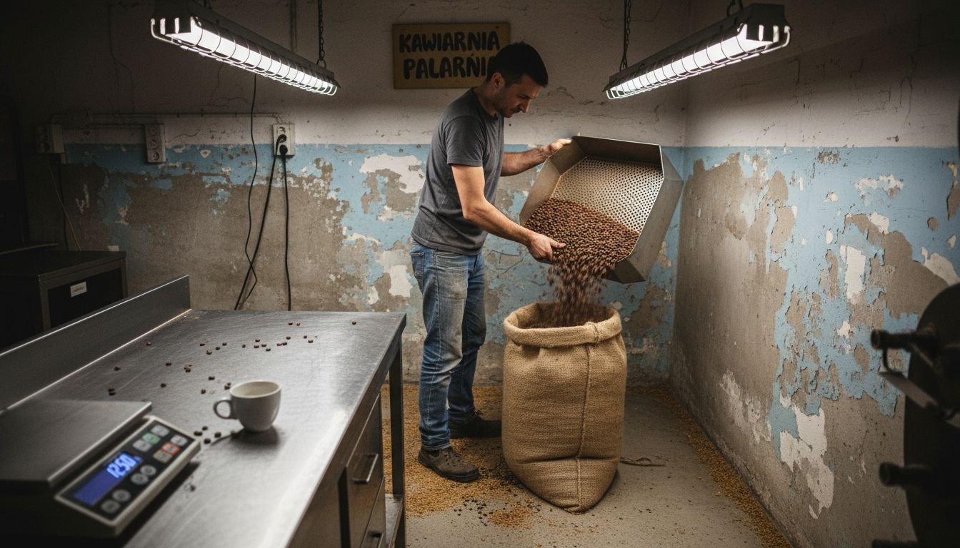 Pracownik palarni wsypuje świeże ziarna kawy do maszyny.