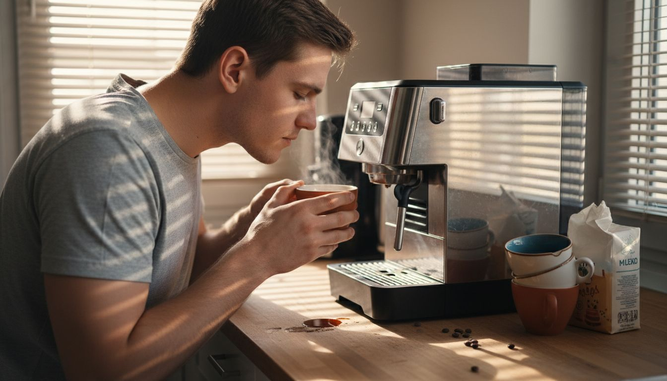 Rozkoszuję się zapachem świeżo zaparzonej kawy, stojąc przy kuchennym blacie.
