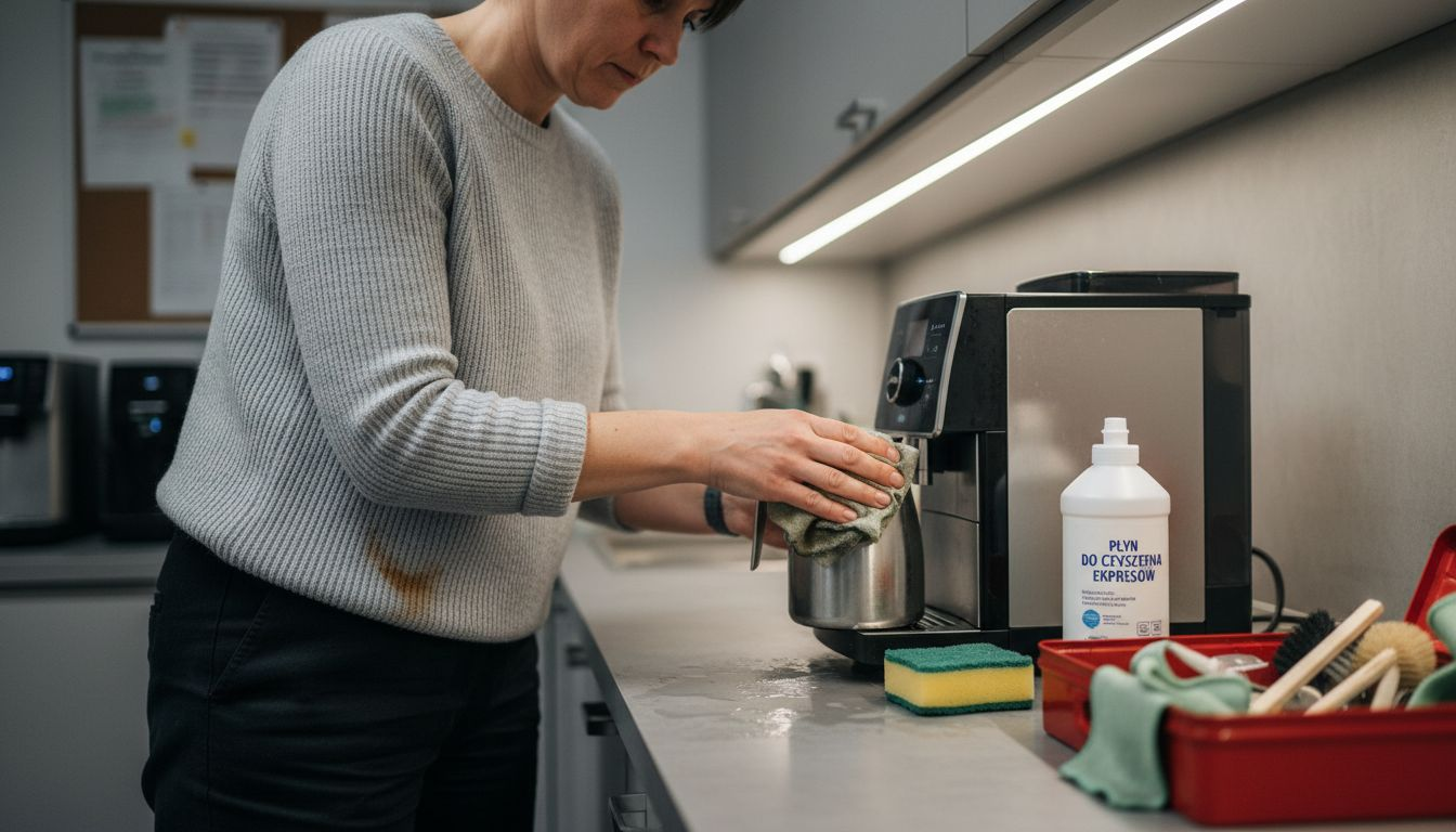 Kobieta myje dzbanek na mleko od ekspresu Jura w firmowej kuchni