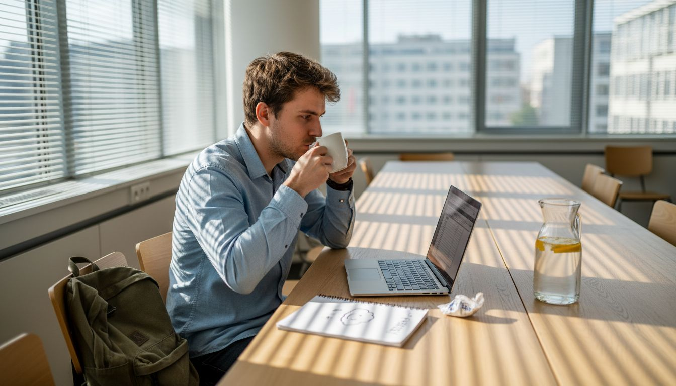 Pracownik skoncentrowany na pracy, z kubkiem kawy w dłoni i laptopem przed sobą