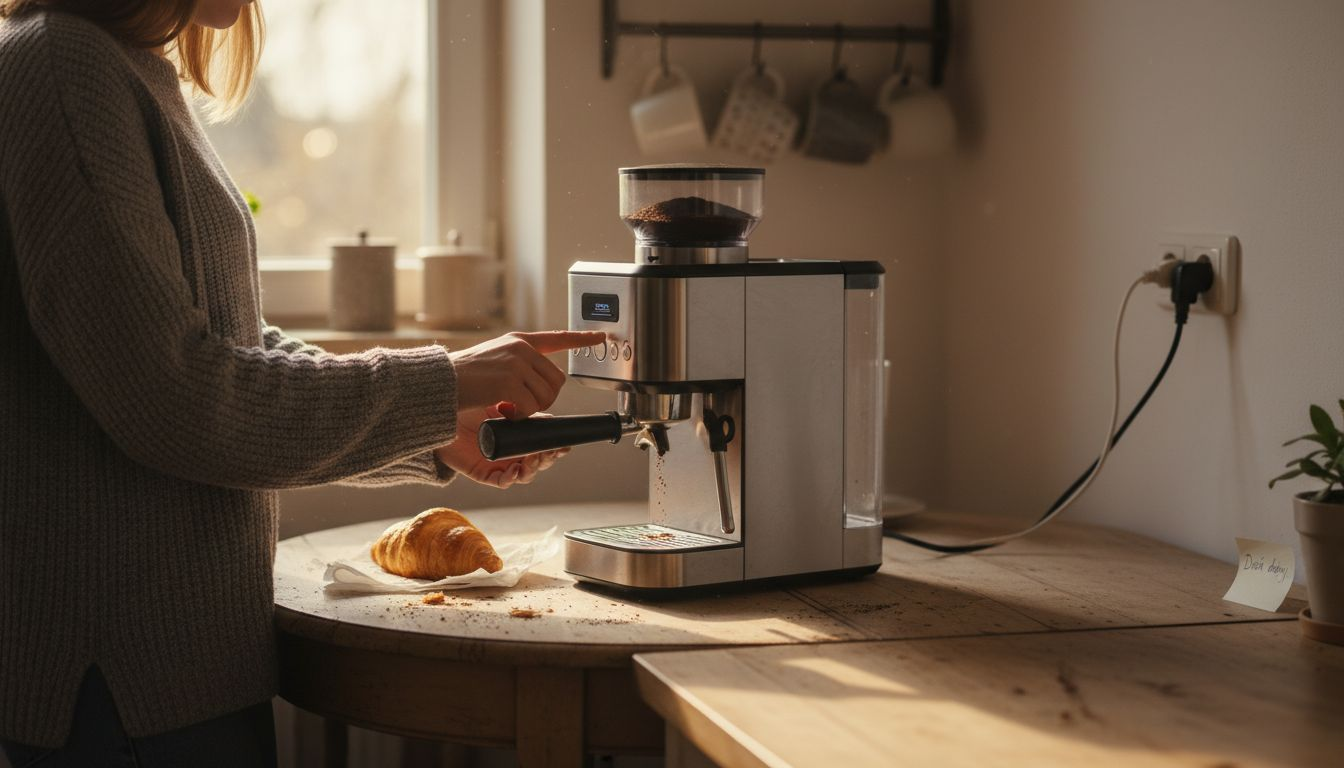Kobieta przygotowuje kawę w domu, korzystając z ekspresu z młynkiem.