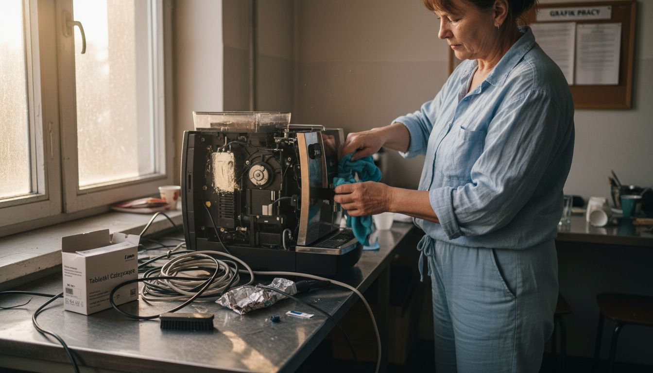 Kobieta dokładnie czyści wnętrze ekspresu do kawy Jura