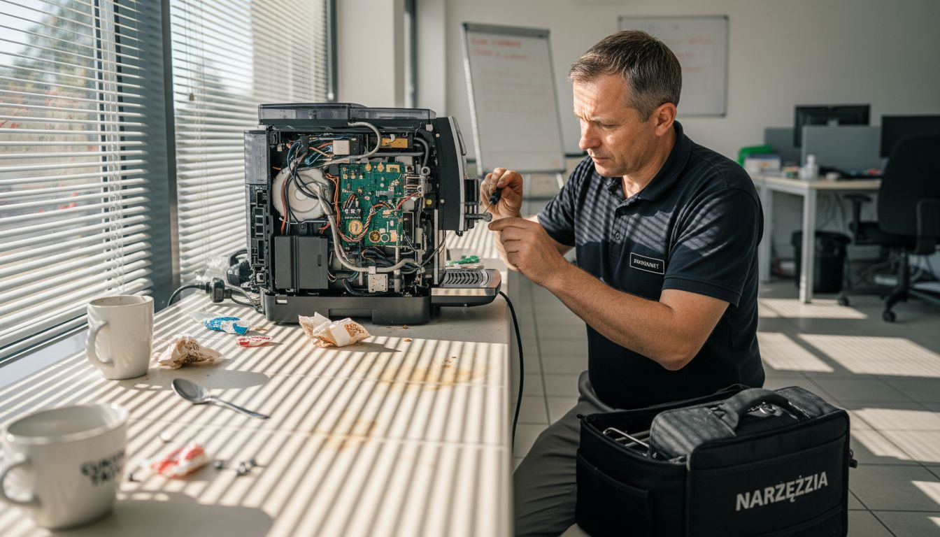 Serwisant naprawia ekspres Jura w biurowym kąciku.