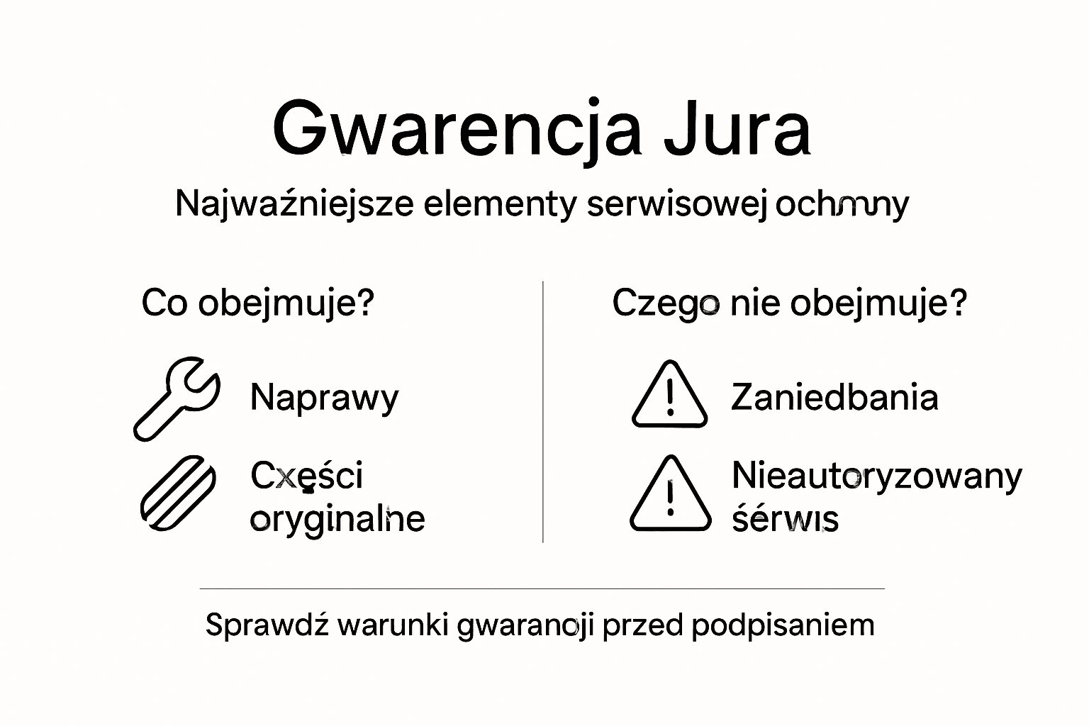 Infografika przedstawiająca, co obejmuje gwarancja Jura
