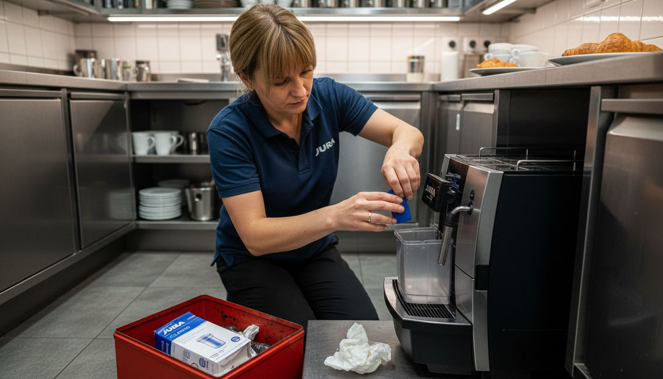 Serwisant wymienia filtr wody w ekspresie Jura.