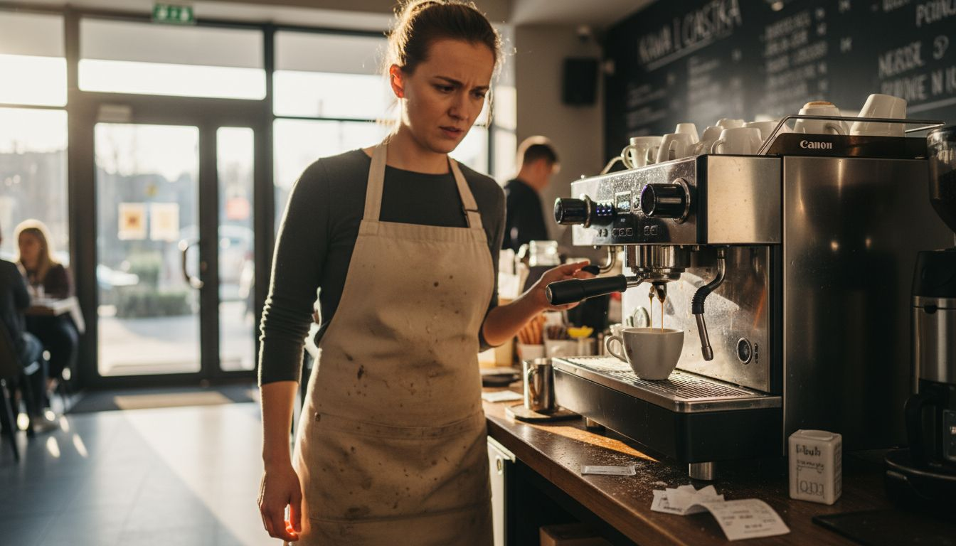 Barista z uwagą przygląda się, jak kawa powoli się parzy.
