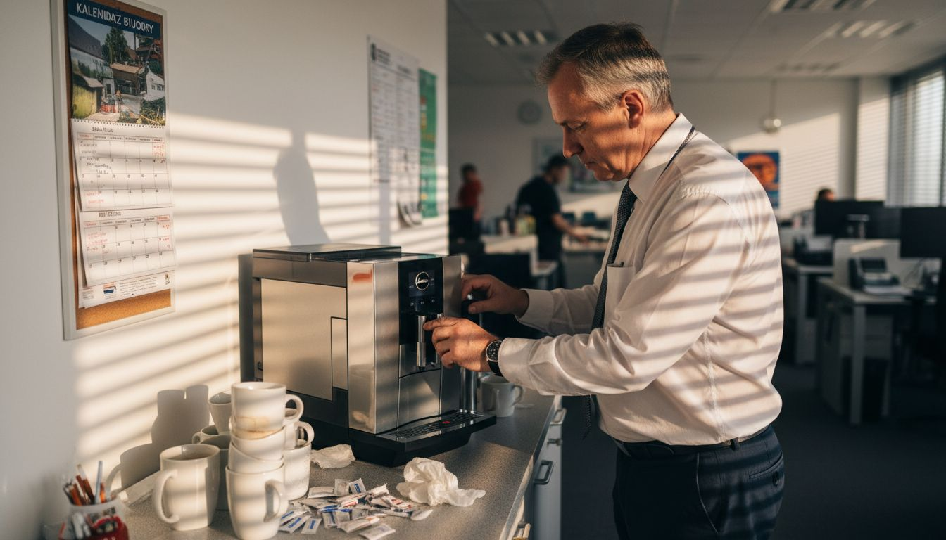 Kierownik biura sprawdza ekspres do kawy Jura.