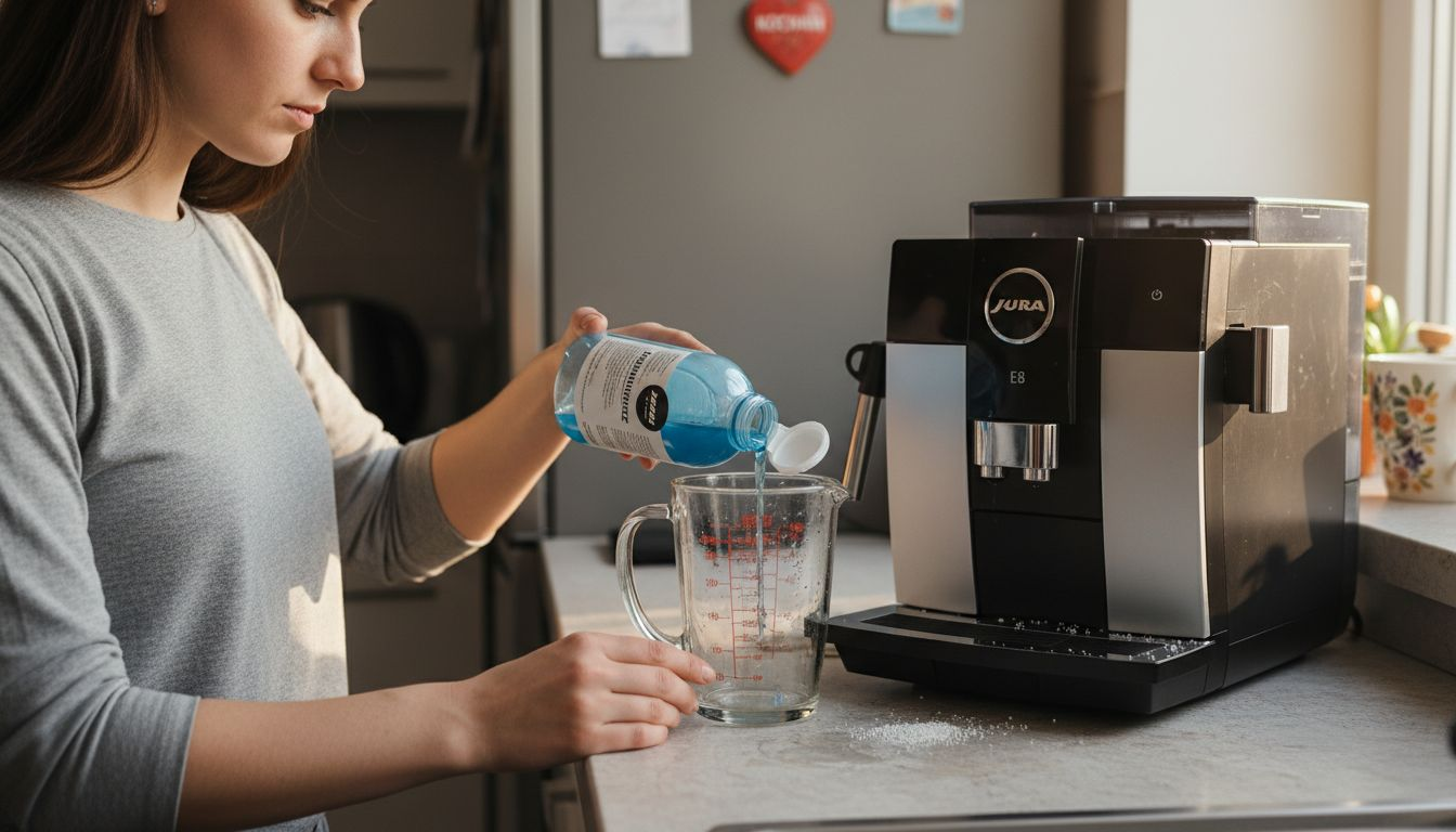 Kobieta przygotowuje roztwór odkamieniający do ekspresu Jura
