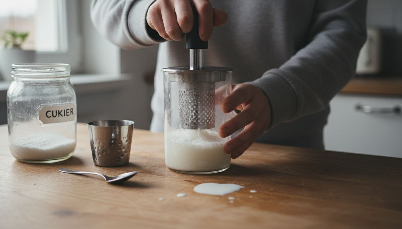 Dłonie spieniające mleko ręcznym spieniaczem przy stole