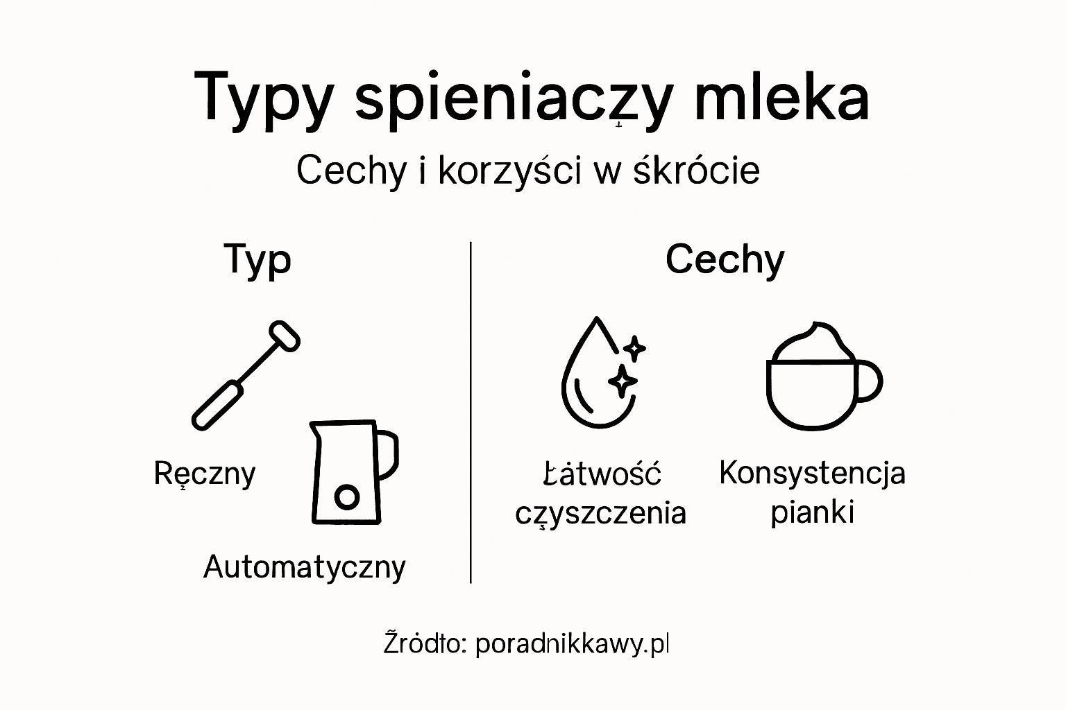 Infografika: rodzaje spieniaczy do mleka i ich najważniejsze cechy