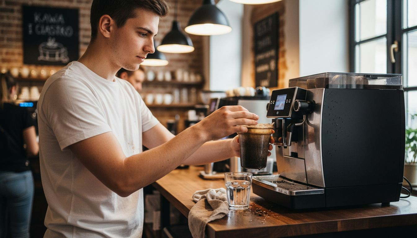 Barista czyści filtr w ekspresie do kawy marki Jura