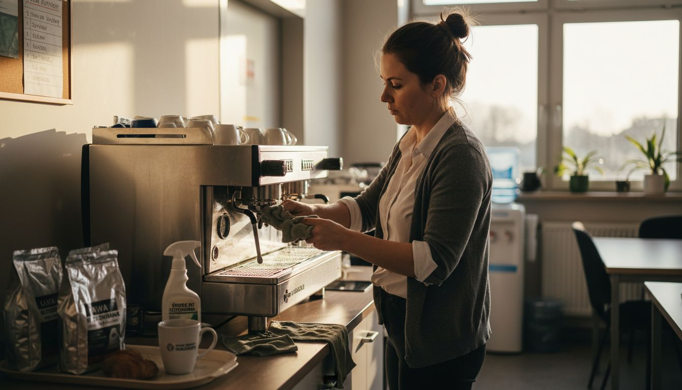 Jedna z pracownic właśnie czyści ekspres do kawy w firmowej kuchni.