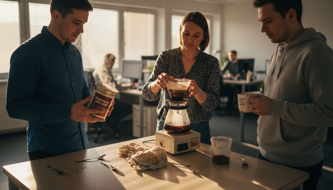 Pracownicy biurowi gromadzą się przy firmowym ekspresie, delektując się aromatem świeżo mielonej kawy.