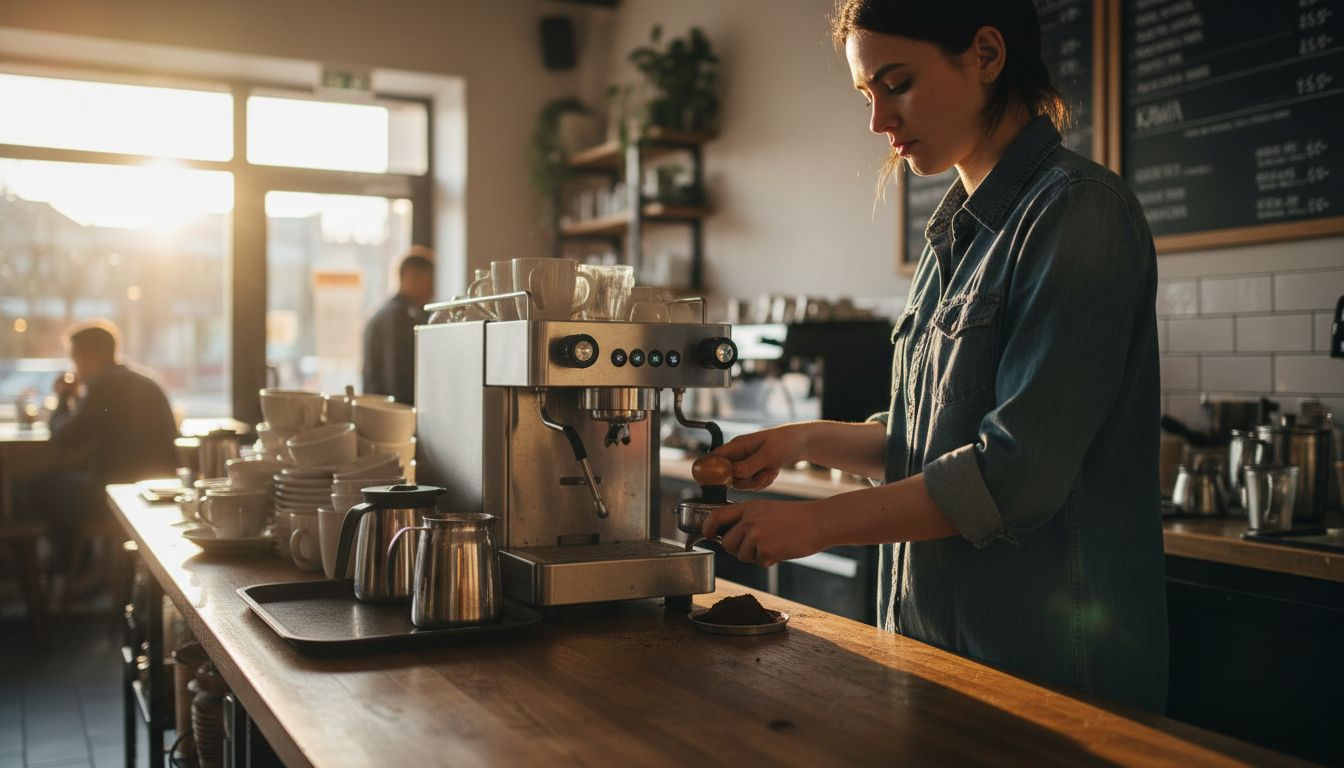 Kobieta przygotowuje kawę przy ekspresie.