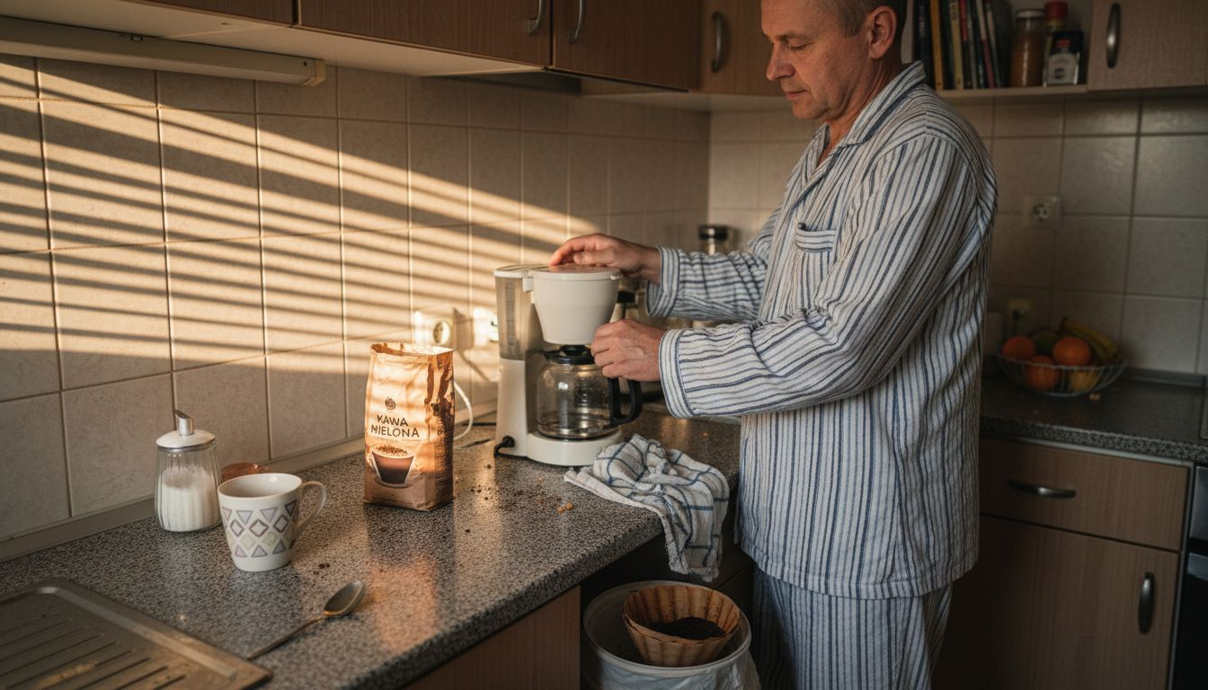 Mężczyzna przygotowuje kawę w swojej domowej kuchni.