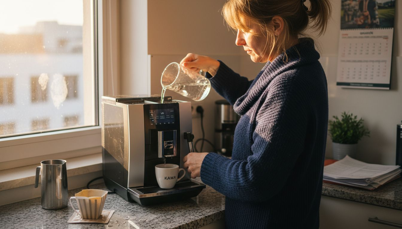 Uzupełnianie wody w ekspresie Jura stojącym w kuchni