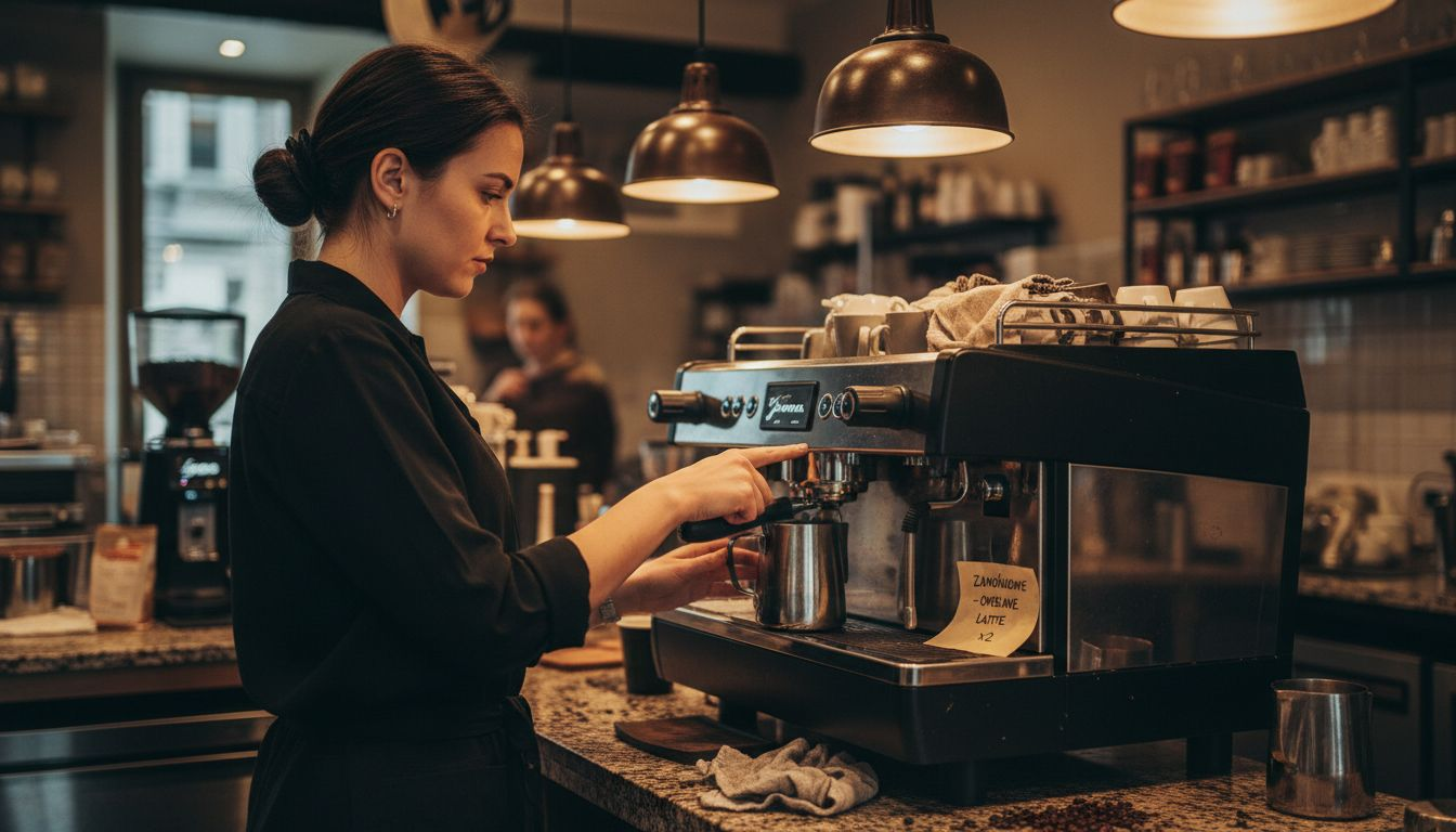 Barista przygotowuje kawę na ekspresie Jura w kawiarni, stojąc za ladą w kuchni.
