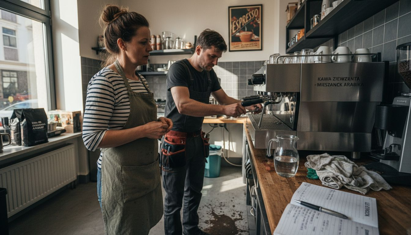 Serwisant razem z baristą dbają o prawidłową konserwację ekspresu do kawy.