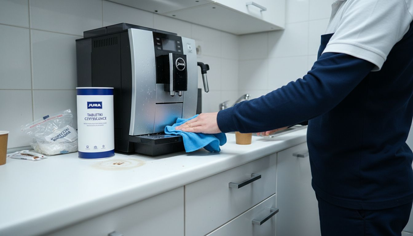 Personel sprzątający regularnie dba o czystość ekspresu Jura w biurze.