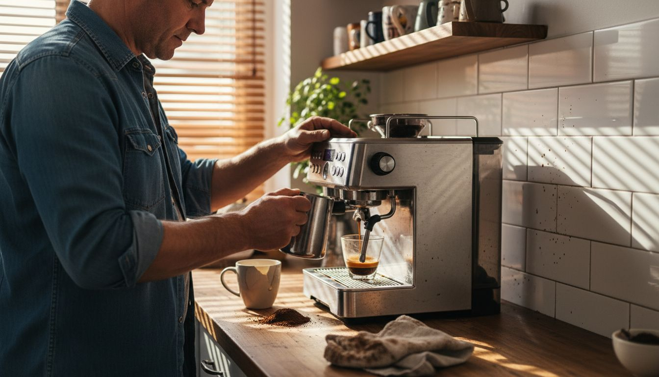 Mężczyzna uważnie przygląda się parzeniu espresso w swojej kuchni.
